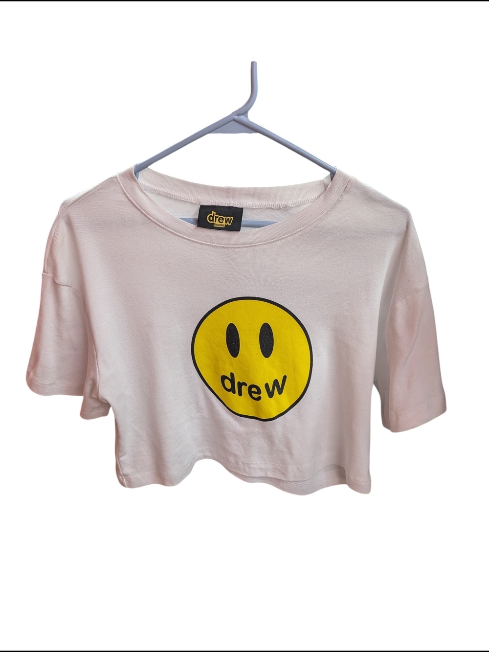 drew House White Crop Tee with Yellow Smiley Logo Y2k